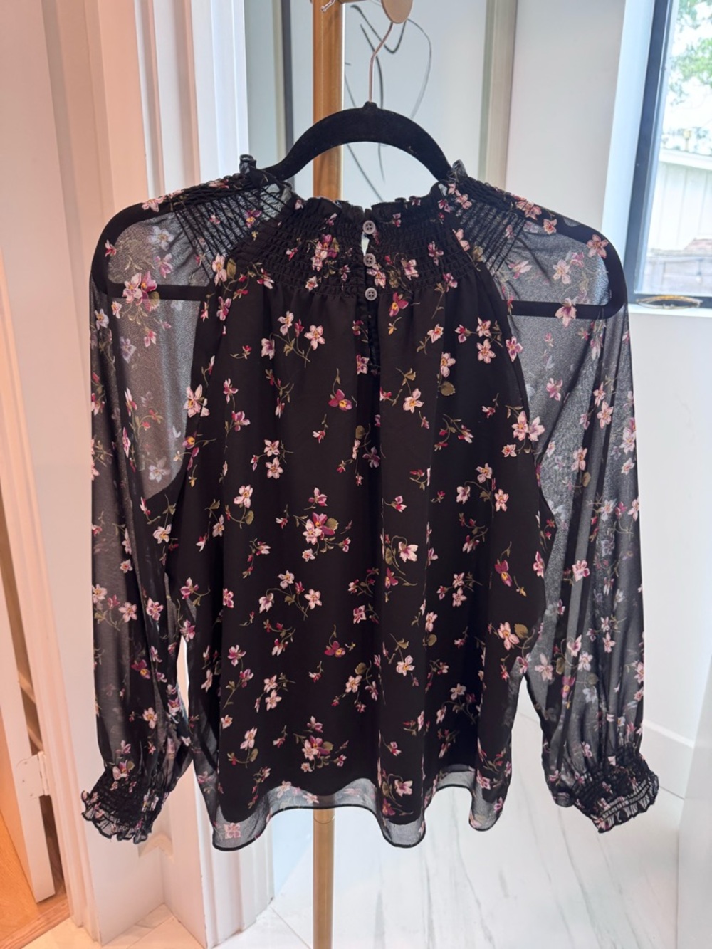 Madewell Black Sheer Floral Smocked Neck Blouse, Size Medium